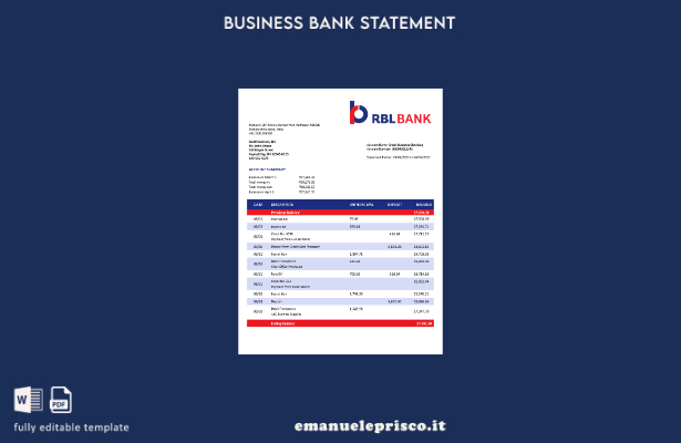 stile verificato Modello di estratto conto aziendale RBL Bank in Word e PDF